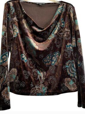Briggs New York Petite PXL Chocolate Brown Teal Floral Velvet Cowl‎ Neck Top